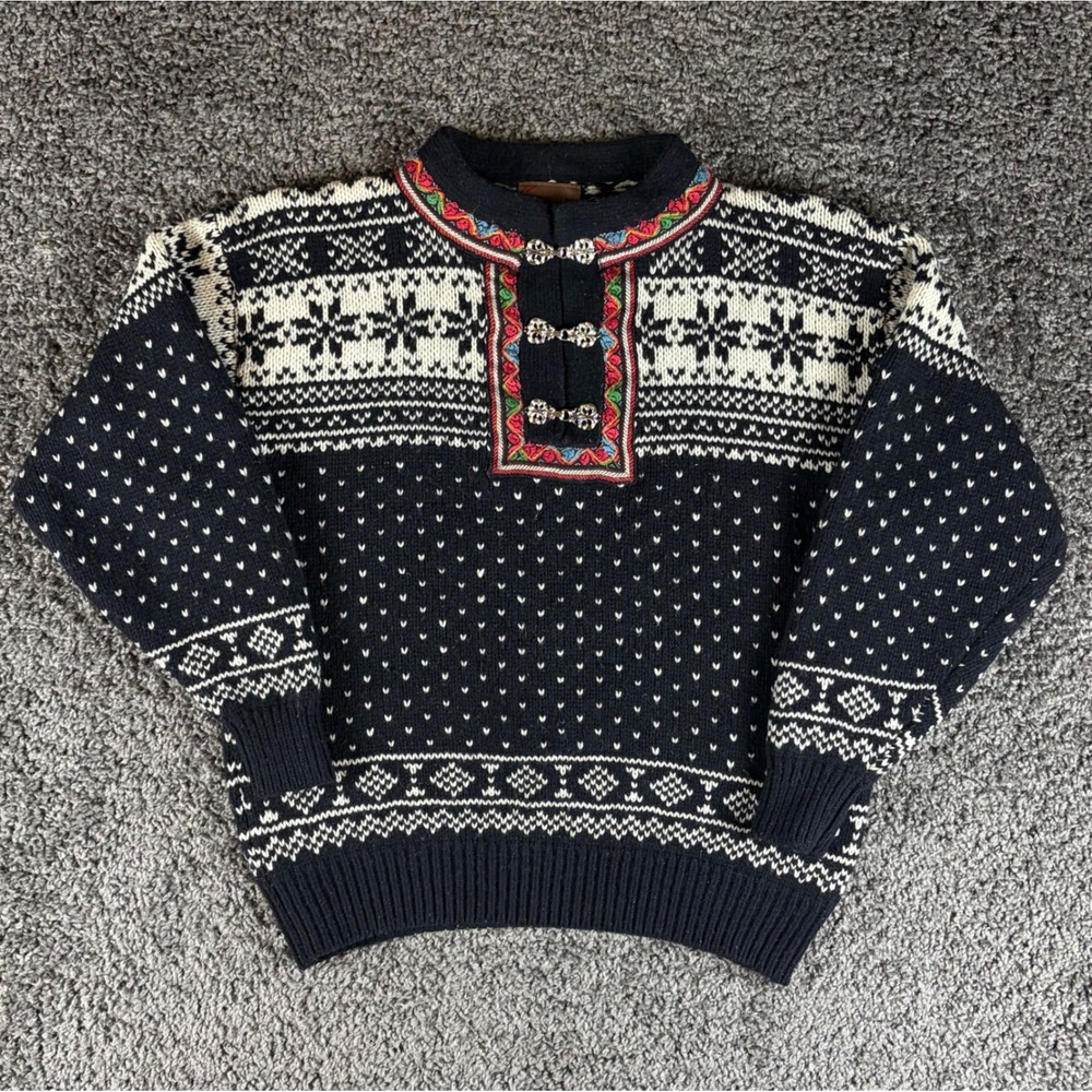 Christiania Sweaters Norwegian Wool Fair Isle Clasp Pullover Black Cream Medium